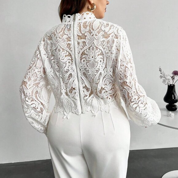 White Elegant Women's Plus Size Lace Hollow Blouse - Picture 4 of 7